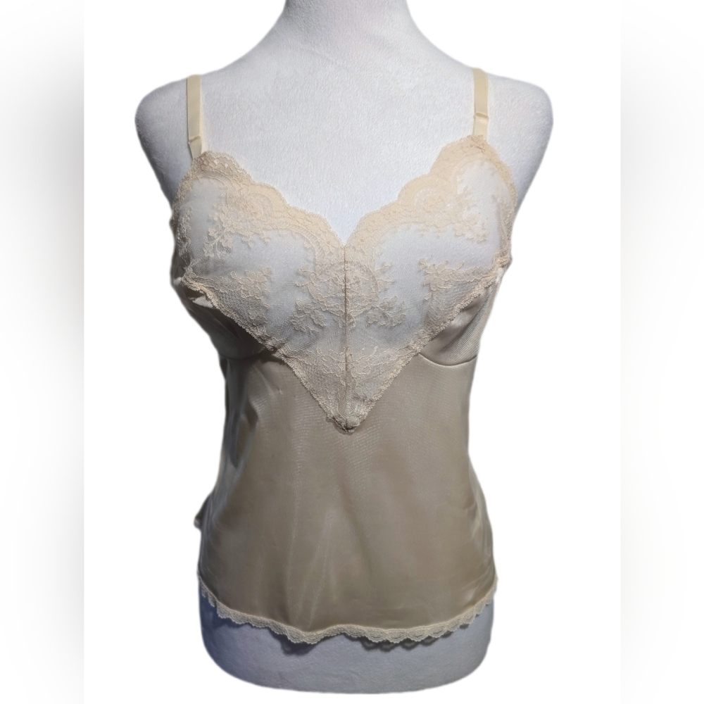 Vintage 1980s Kayser Sz L Elegant Plunging Creamy Beige Lace Front Camisole